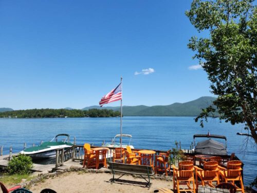 View of dock slips and American flag